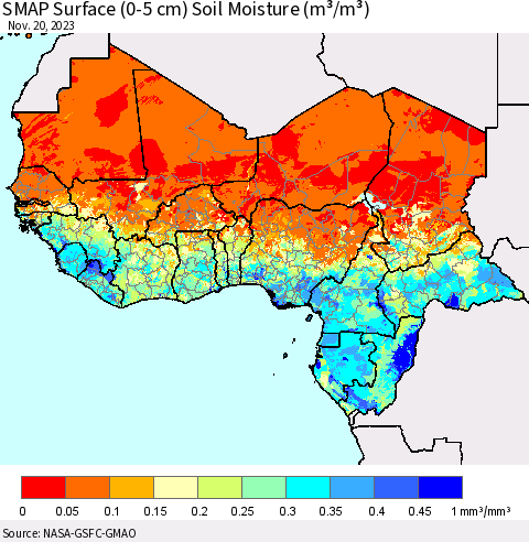 Western Africa SMAP Surface (0-5 cm) Soil Moisture (m³/m³) Thematic Map For 11/16/2023 - 11/20/2023