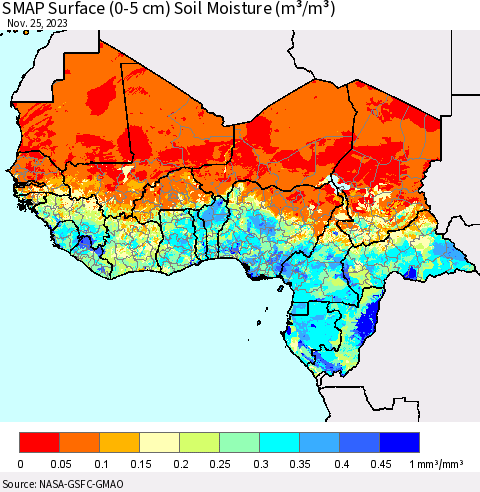 Western Africa SMAP Surface (0-5 cm) Soil Moisture (m³/m³) Thematic Map For 11/21/2023 - 11/25/2023
