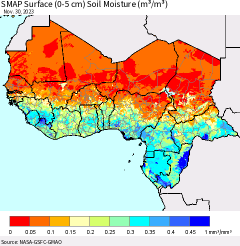 Western Africa SMAP Surface (0-5 cm) Soil Moisture (m³/m³) Thematic Map For 11/26/2023 - 11/30/2023