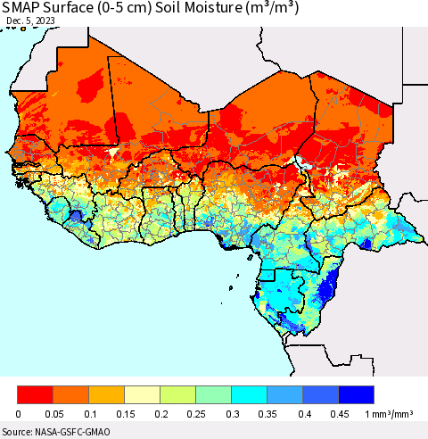 Western Africa SMAP Surface (0-5 cm) Soil Moisture (m³/m³) Thematic Map For 12/1/2023 - 12/5/2023