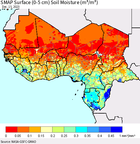 Western Africa SMAP Surface (0-5 cm) Soil Moisture (m³/m³) Thematic Map For 12/11/2023 - 12/15/2023