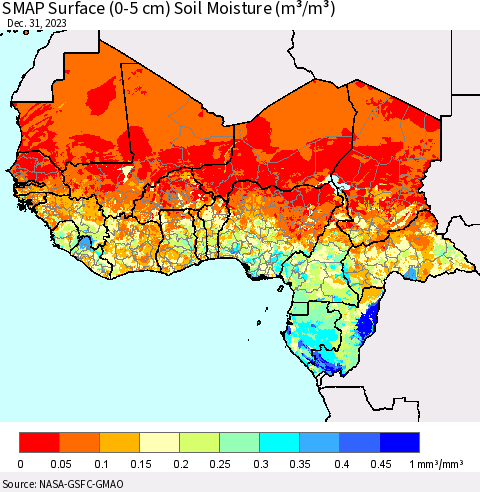 Western Africa SMAP Surface (0-5 cm) Soil Moisture (m³/m³) Thematic Map For 12/26/2023 - 12/31/2023