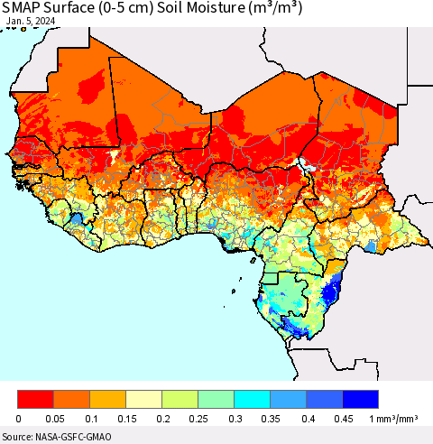 Western Africa SMAP Surface (0-5 cm) Soil Moisture (m³/m³) Thematic Map For 1/1/2024 - 1/5/2024