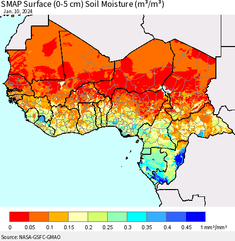 Western Africa SMAP Surface (0-5 cm) Soil Moisture (m³/m³) Thematic Map For 1/6/2024 - 1/10/2024