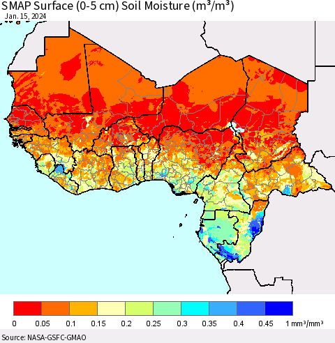 Western Africa SMAP Surface (0-5 cm) Soil Moisture (m³/m³) Thematic Map For 1/11/2024 - 1/15/2024