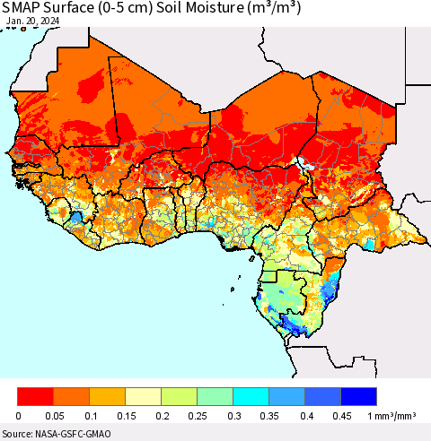 Western Africa SMAP Surface (0-5 cm) Soil Moisture (m³/m³) Thematic Map For 1/16/2024 - 1/20/2024
