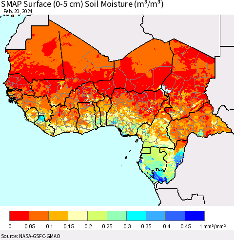 Western Africa SMAP Surface (0-5 cm) Soil Moisture (m³/m³) Thematic Map For 2/16/2024 - 2/20/2024