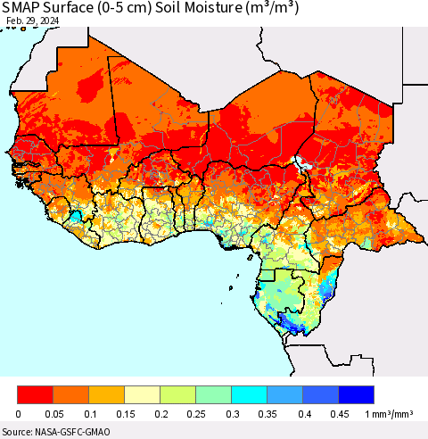 Western Africa SMAP Surface (0-5 cm) Soil Moisture (m³/m³) Thematic Map For 2/26/2024 - 2/29/2024