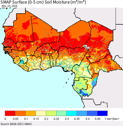 Western Africa SMAP Surface (0-5 cm) Soil Moisture (m³/m³) Thematic Map For 3/6/2024 - 3/10/2024