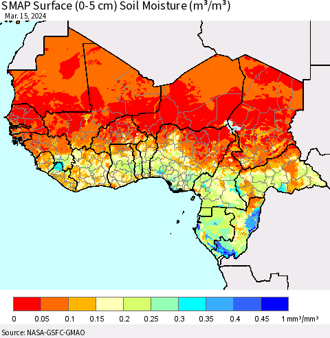 Western Africa SMAP Surface (0-5 cm) Soil Moisture (m³/m³) Thematic Map For 3/11/2024 - 3/15/2024
