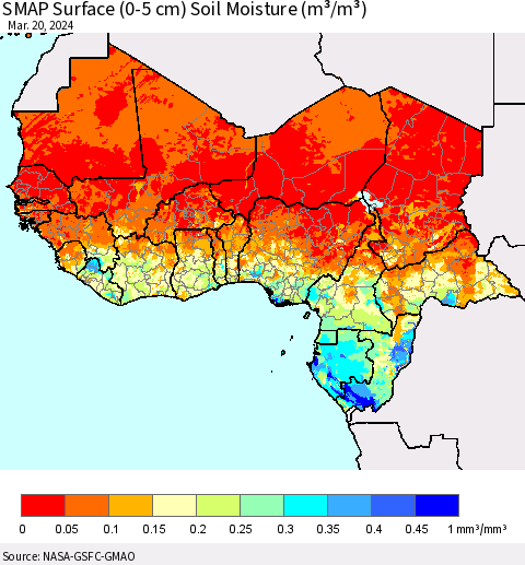 Western Africa SMAP Surface (0-5 cm) Soil Moisture (m³/m³) Thematic Map For 3/16/2024 - 3/20/2024