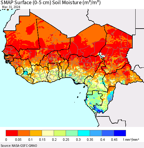 Western Africa SMAP Surface (0-5 cm) Soil Moisture (m³/m³) Thematic Map For 3/26/2024 - 3/31/2024