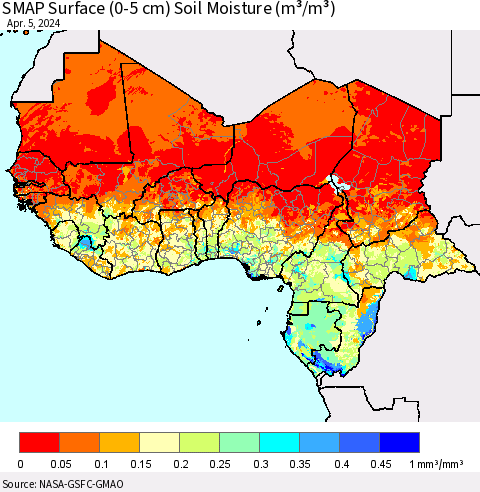 Western Africa SMAP Surface (0-5 cm) Soil Moisture (m³/m³) Thematic Map For 4/1/2024 - 4/5/2024