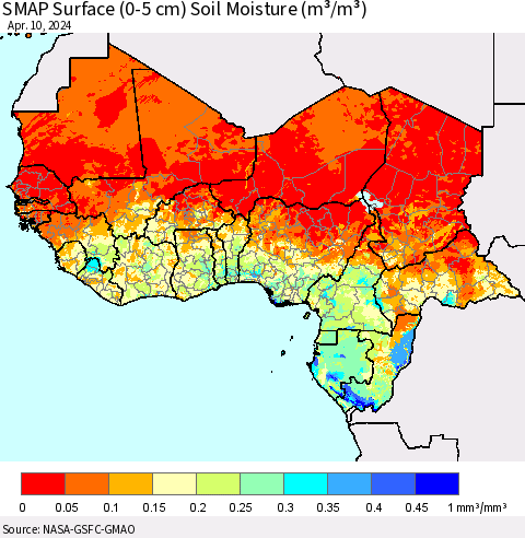 Western Africa SMAP Surface (0-5 cm) Soil Moisture (m³/m³) Thematic Map For 4/6/2024 - 4/10/2024