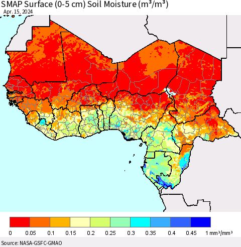 Western Africa SMAP Surface (0-5 cm) Soil Moisture (m³/m³) Thematic Map For 4/11/2024 - 4/15/2024
