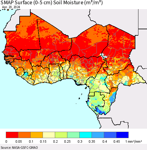 Western Africa SMAP Surface (0-5 cm) Soil Moisture (m³/m³) Thematic Map For 4/16/2024 - 4/20/2024