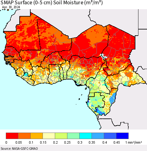 Western Africa SMAP Surface (0-5 cm) Soil Moisture (m³/m³) Thematic Map For 4/26/2024 - 4/30/2024