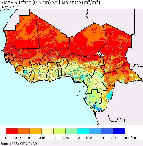 Western Africa SMAP Surface (0-5 cm) Soil Moisture (m³/m³) Thematic Map For 5/1/2024 - 5/5/2024