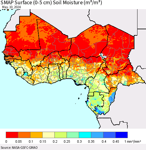 Western Africa SMAP Surface (0-5 cm) Soil Moisture (m³/m³) Thematic Map For 5/6/2024 - 5/10/2024