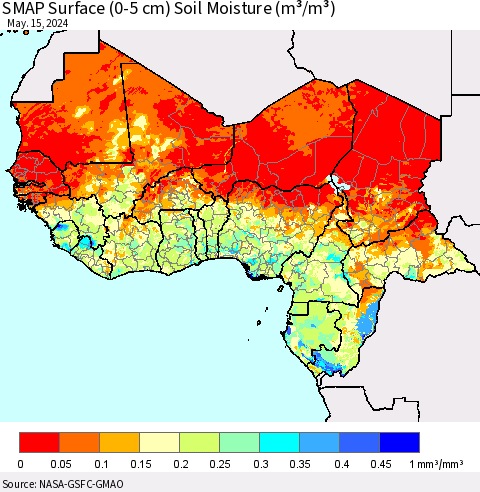 Western Africa SMAP Surface (0-5 cm) Soil Moisture (m³/m³) Thematic Map For 5/11/2024 - 5/15/2024