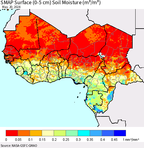Western Africa SMAP Surface (0-5 cm) Soil Moisture (m³/m³) Thematic Map For 5/16/2024 - 5/20/2024