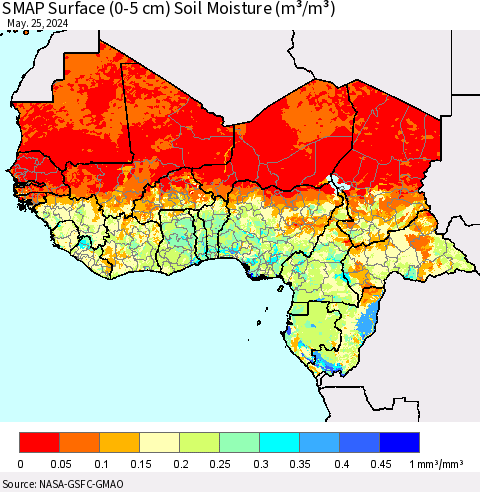 Western Africa SMAP Surface (0-5 cm) Soil Moisture (m³/m³) Thematic Map For 5/21/2024 - 5/25/2024