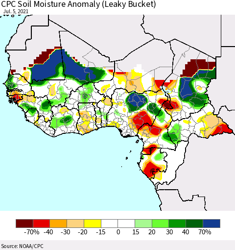 Western Africa CPC Soil Moisture Anomaly (Leaky Bucket) Thematic Map For 7/1/2021 - 7/5/2021