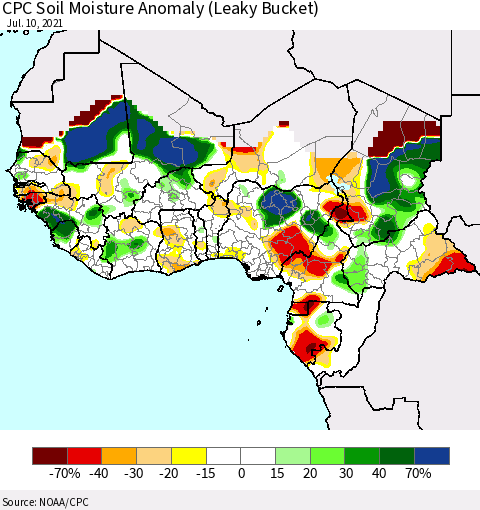 Western Africa CPC Soil Moisture Anomaly (Leaky Bucket) Thematic Map For 7/6/2021 - 7/10/2021