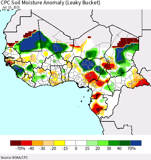 Western Africa CPC Soil Moisture Anomaly (Leaky Bucket) Thematic Map For 7/11/2021 - 7/15/2021