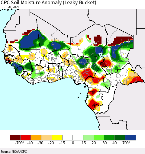 Western Africa CPC Soil Moisture Anomaly (Leaky Bucket) Thematic Map For 7/16/2021 - 7/20/2021