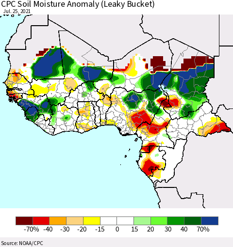 Western Africa CPC Soil Moisture Anomaly (Leaky Bucket) Thematic Map For 7/21/2021 - 7/25/2021