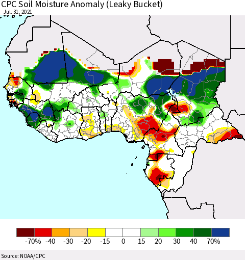 Western Africa CPC Soil Moisture Anomaly (Leaky Bucket) Thematic Map For 7/26/2021 - 7/31/2021