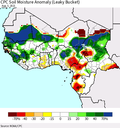 Western Africa CPC Soil Moisture Anomaly (Leaky Bucket) Thematic Map For 8/1/2021 - 8/5/2021