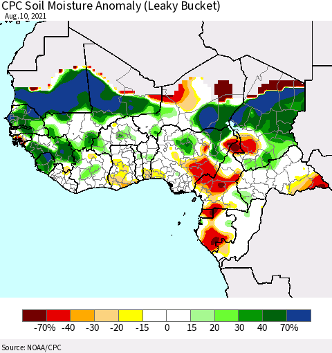 Western Africa CPC Soil Moisture Anomaly (Leaky Bucket) Thematic Map For 8/6/2021 - 8/10/2021