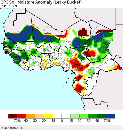 Western Africa CPC Soil Moisture Anomaly (Leaky Bucket) Thematic Map For 8/11/2021 - 8/15/2021