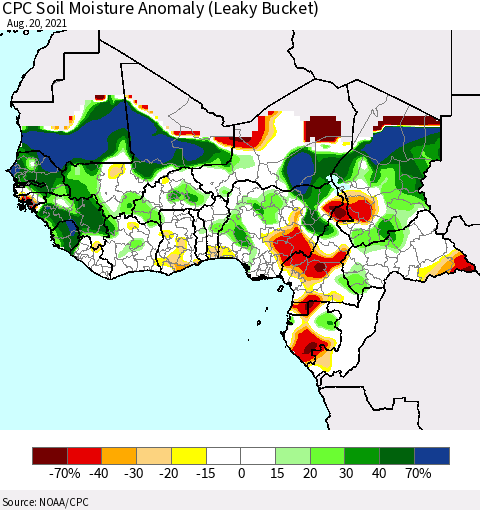 Western Africa CPC Soil Moisture Anomaly (Leaky Bucket) Thematic Map For 8/16/2021 - 8/20/2021