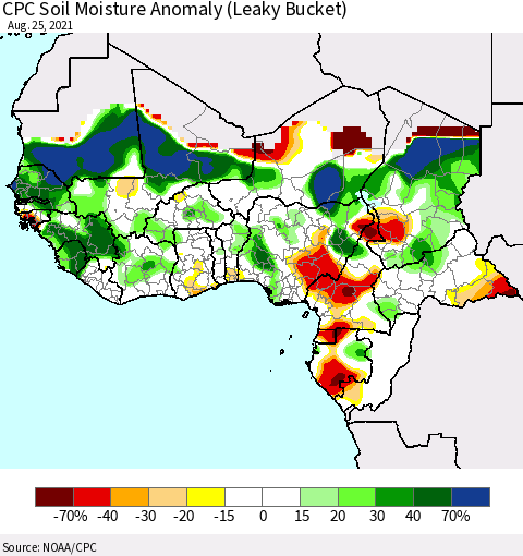 Western Africa CPC Soil Moisture Anomaly (Leaky Bucket) Thematic Map For 8/21/2021 - 8/25/2021