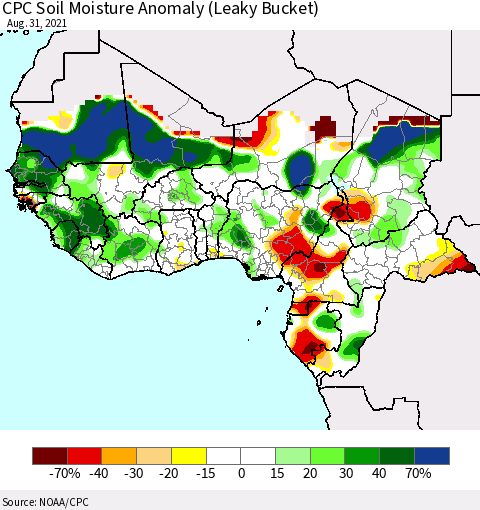 Western Africa CPC Soil Moisture Anomaly (Leaky Bucket) Thematic Map For 8/26/2021 - 8/31/2021