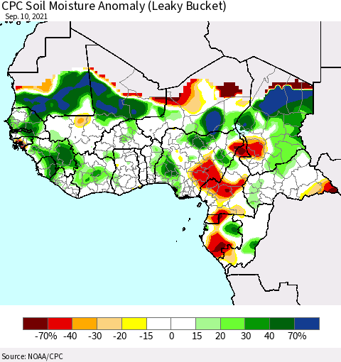 Western Africa CPC Soil Moisture Anomaly (Leaky Bucket) Thematic Map For 9/6/2021 - 9/10/2021