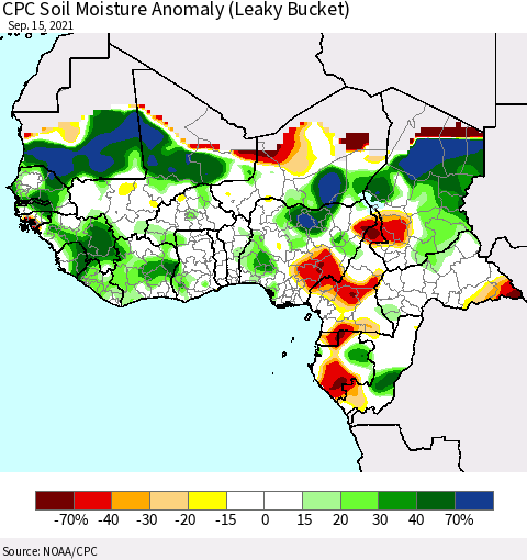 Western Africa CPC Soil Moisture Anomaly (Leaky Bucket) Thematic Map For 9/11/2021 - 9/15/2021