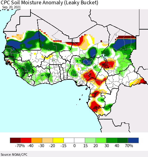Western Africa CPC Soil Moisture Anomaly (Leaky Bucket) Thematic Map For 9/16/2021 - 9/20/2021