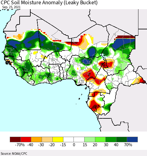 Western Africa CPC Soil Moisture Anomaly (Leaky Bucket) Thematic Map For 9/21/2021 - 9/25/2021