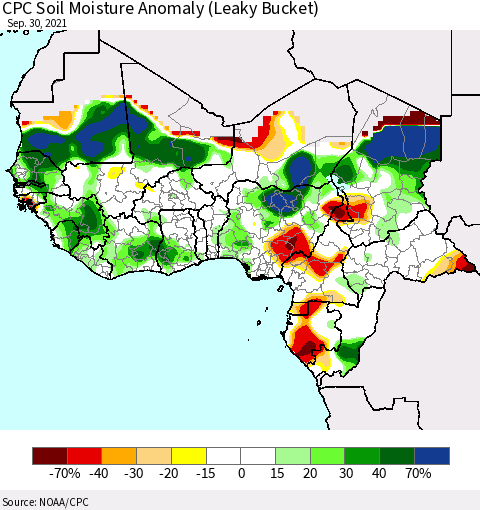 Western Africa CPC Soil Moisture Anomaly (Leaky Bucket) Thematic Map For 9/26/2021 - 9/30/2021