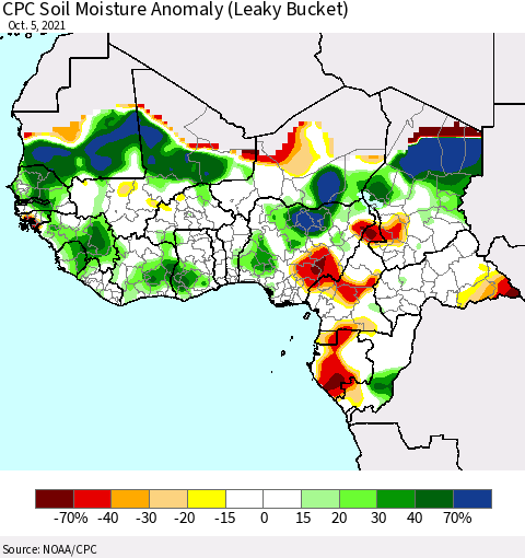 Western Africa CPC Soil Moisture Anomaly (Leaky Bucket) Thematic Map For 10/1/2021 - 10/5/2021