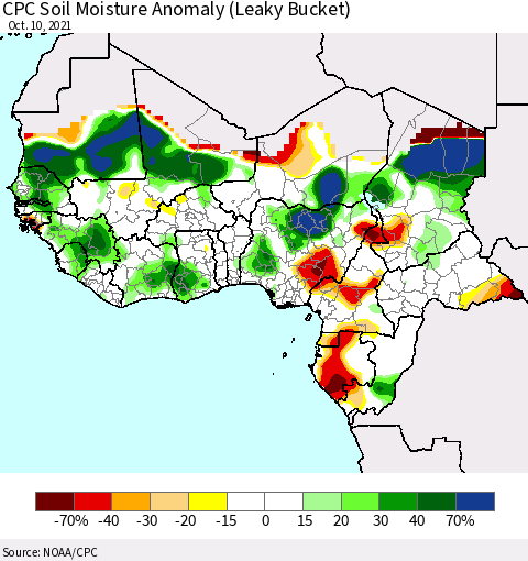 Western Africa CPC Soil Moisture Anomaly (Leaky Bucket) Thematic Map For 10/6/2021 - 10/10/2021