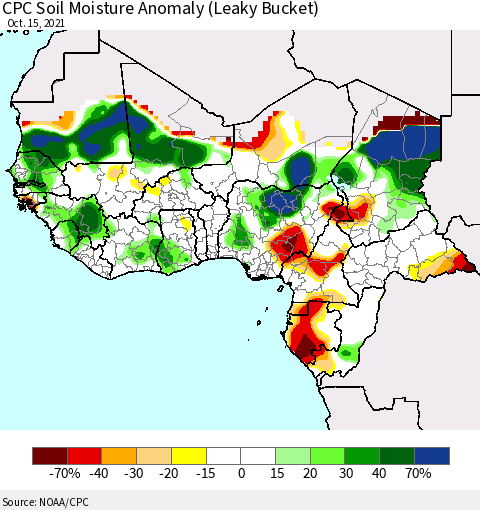 Western Africa CPC Soil Moisture Anomaly (Leaky Bucket) Thematic Map For 10/11/2021 - 10/15/2021