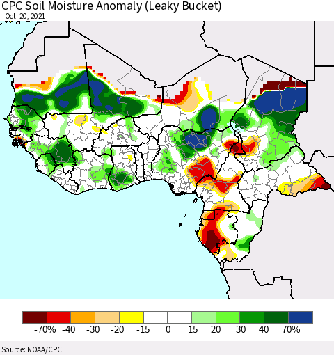 Western Africa CPC Soil Moisture Anomaly (Leaky Bucket) Thematic Map For 10/16/2021 - 10/20/2021