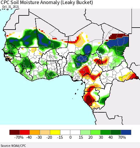 Western Africa CPC Soil Moisture Anomaly (Leaky Bucket) Thematic Map For 10/26/2021 - 10/31/2021