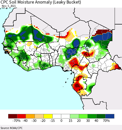 Western Africa CPC Soil Moisture Anomaly (Leaky Bucket) Thematic Map For 11/1/2021 - 11/5/2021