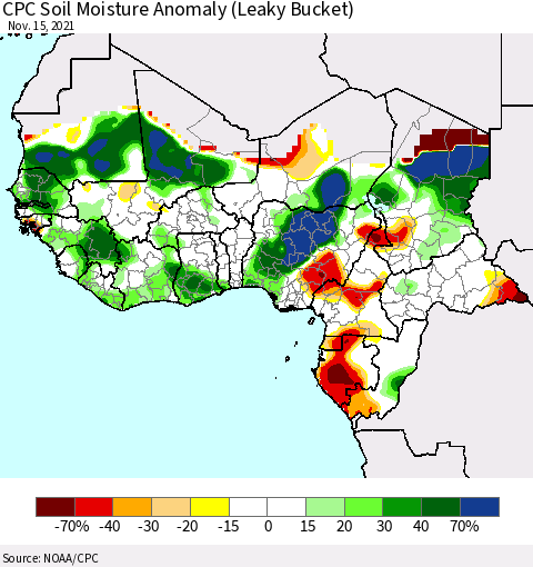 Western Africa CPC Soil Moisture Anomaly (Leaky Bucket) Thematic Map For 11/11/2021 - 11/15/2021